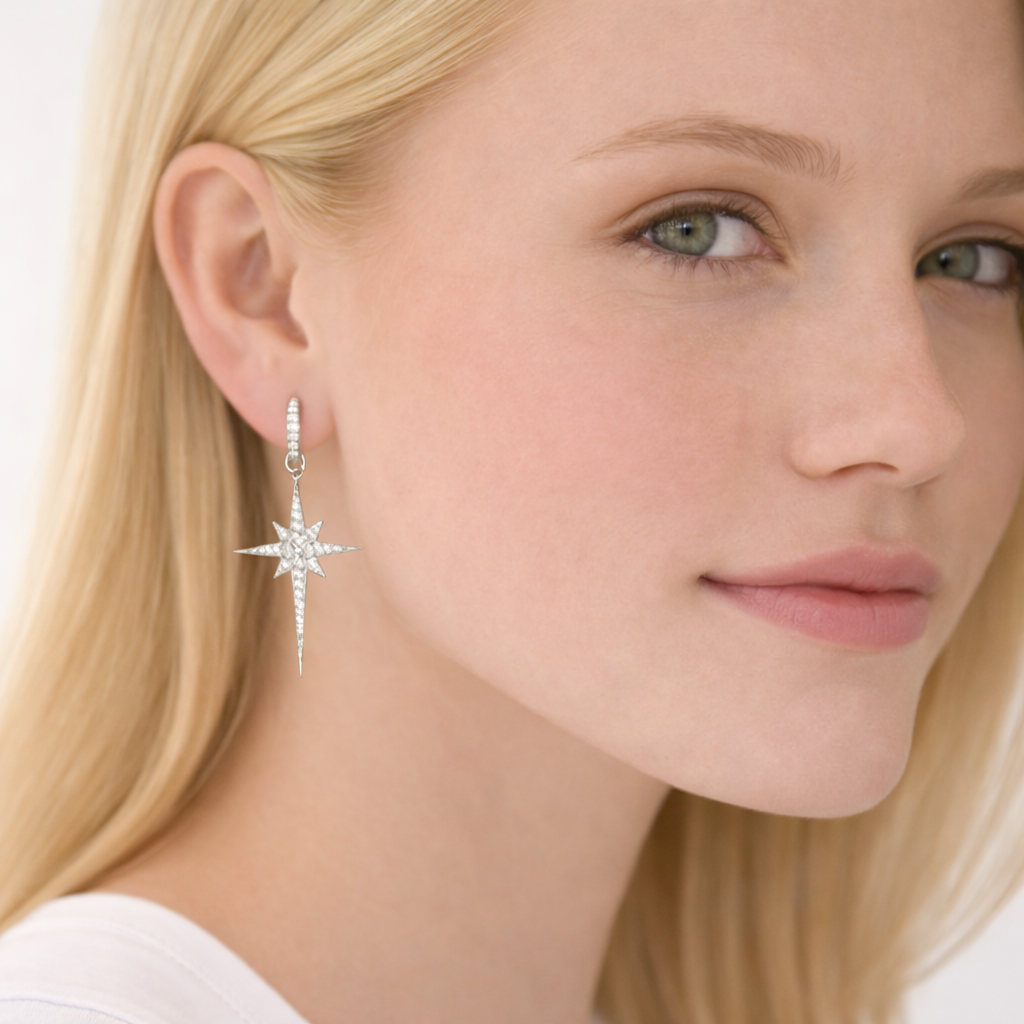 925 Sterling Silver North Star Burst Large Drop Earrings