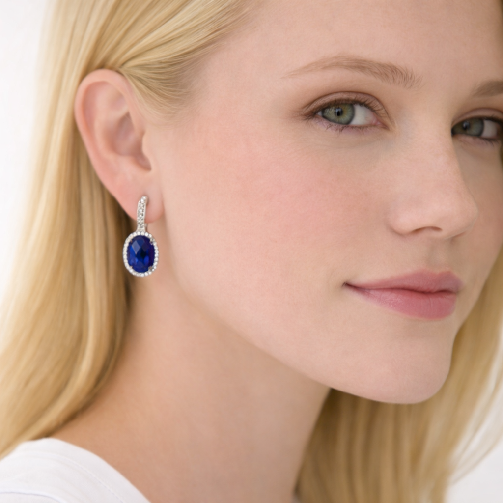 925 Sterling Silver Oval Sapphire Hydro Drop Earrings with Cubic Zirconia Accents