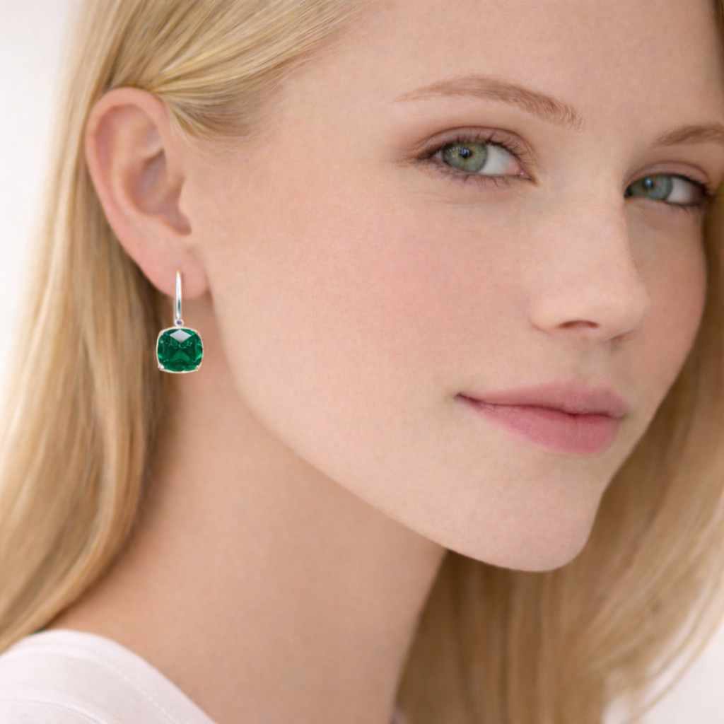 4.50CTW Lab Grown Cushion Cut Emerald Drop Earrings in 925 Sterling Silver - 8mm Square Gems