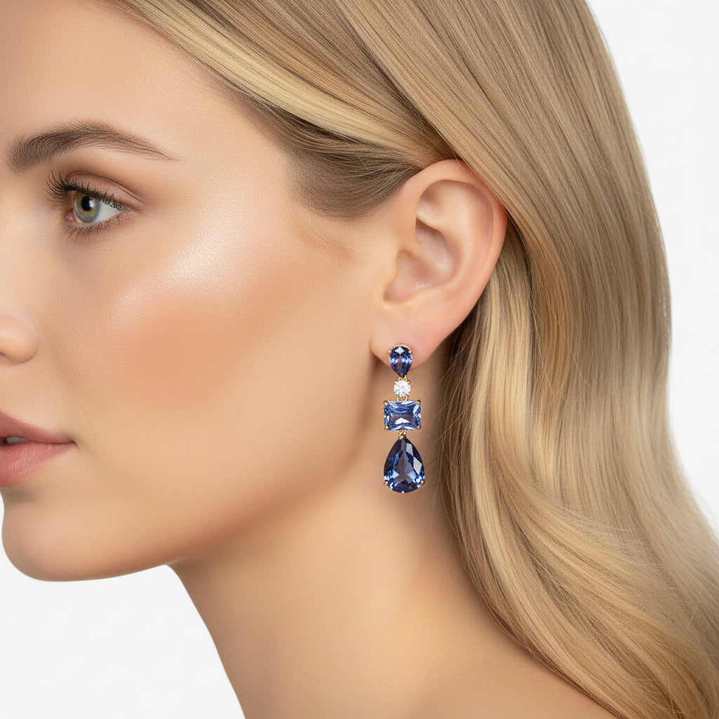 925 Sterling Silver Tanzanite Multi-Stone Drop Earrings with Simulated Diamond Accent – Gold Plated