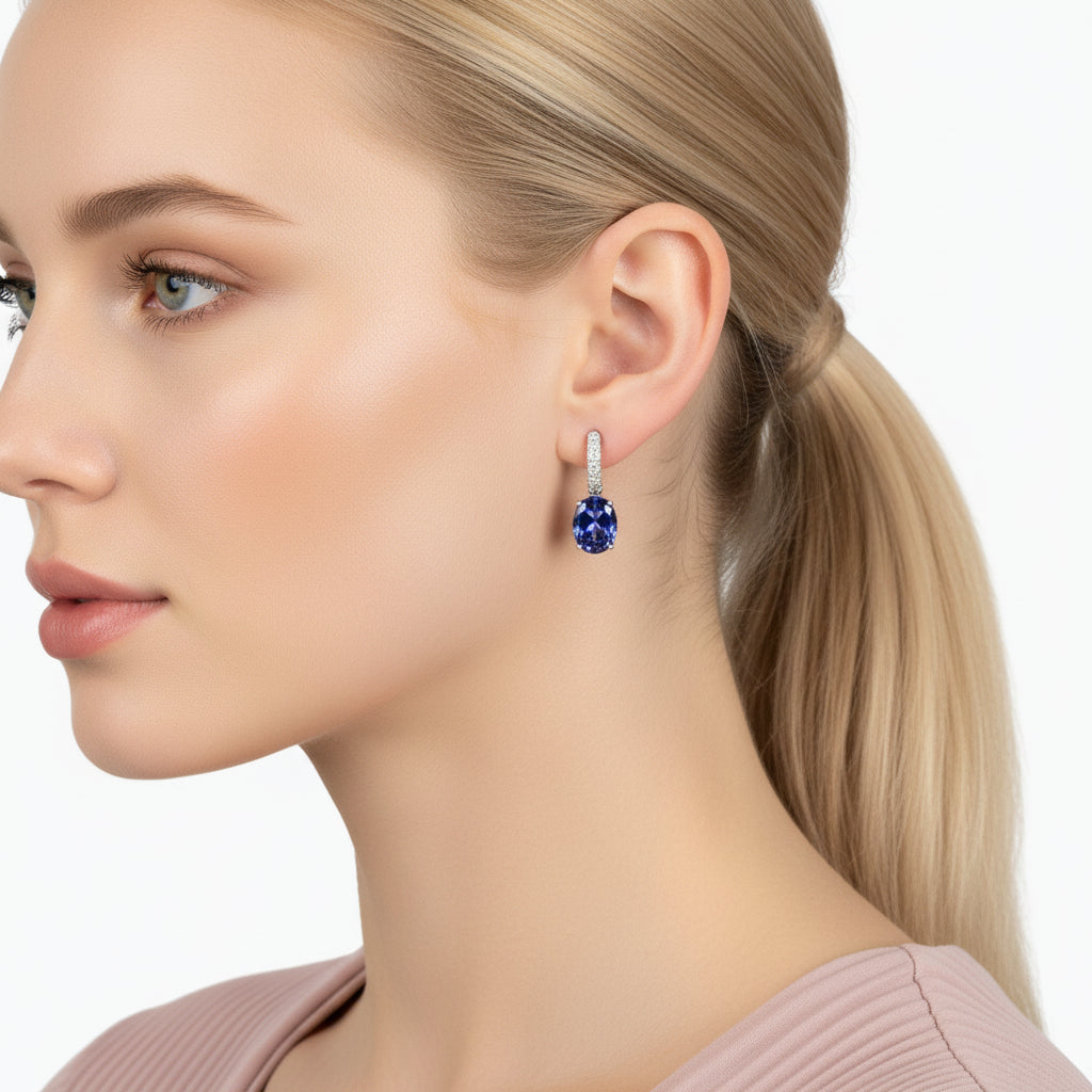 925 Sterling Silver Oval Tanzanite Drop Earrings with Simulated Diamond Accents