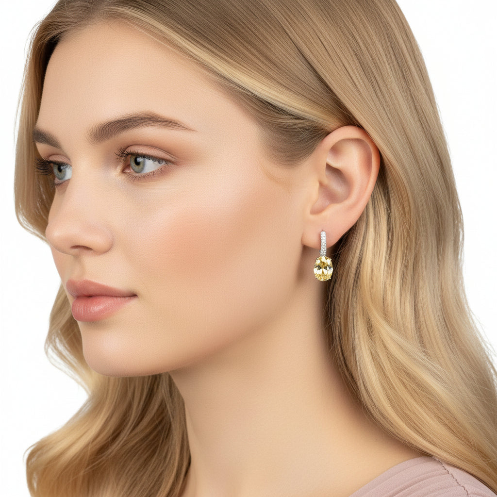 925 Sterling Silver Oval Yellow Topaz Drop Earrings with Simulated Diamond Accents