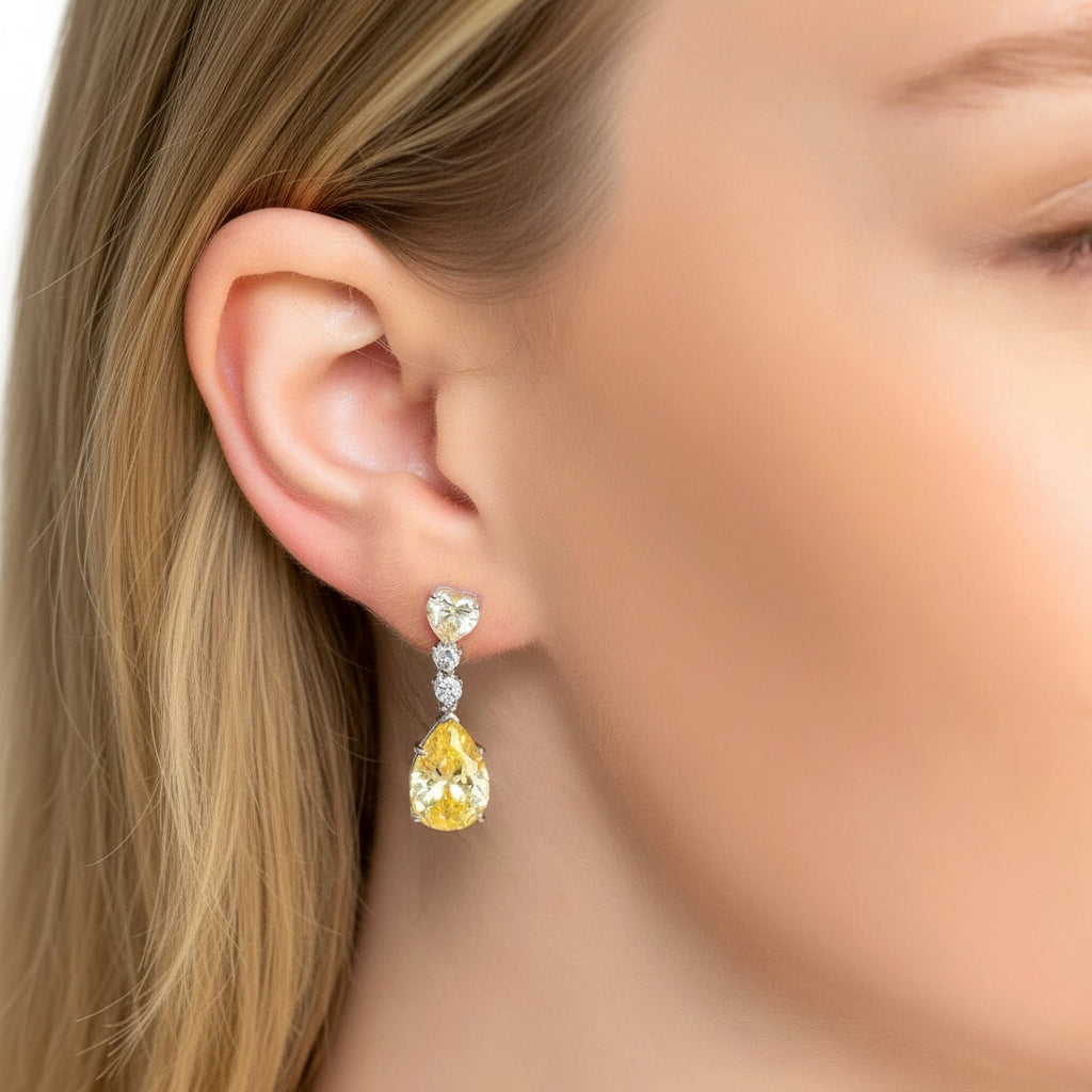 Lemon Topaz Teardrop Earrings in 925 Sterling Silver with Diamond Accents