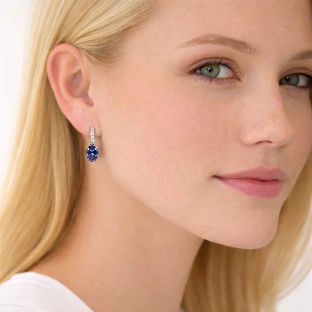 925 Sterling Silver Oval Tanzanite Drop Earrings with Simulated Diamond Accents