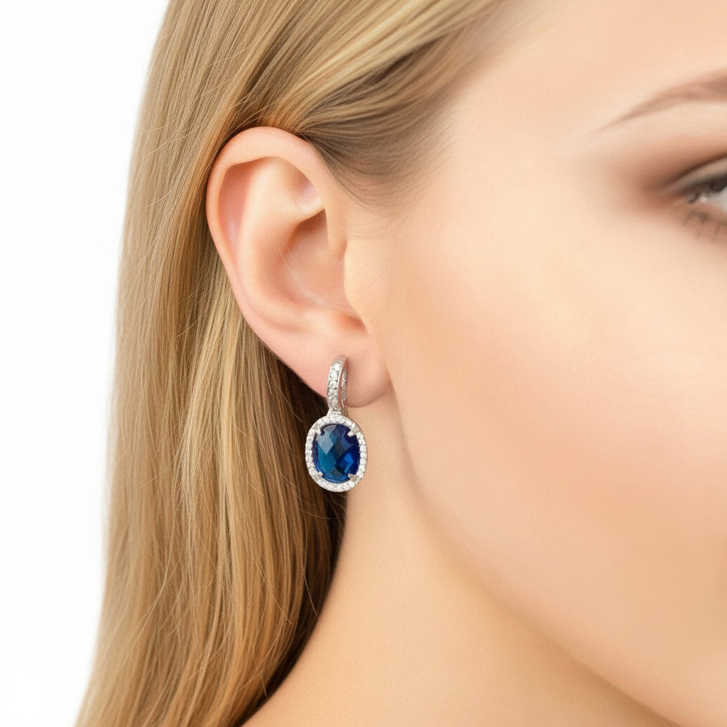 925 Sterling Silver Oval Sapphire Hydro Drop Earrings with Cubic Zirconia Accents