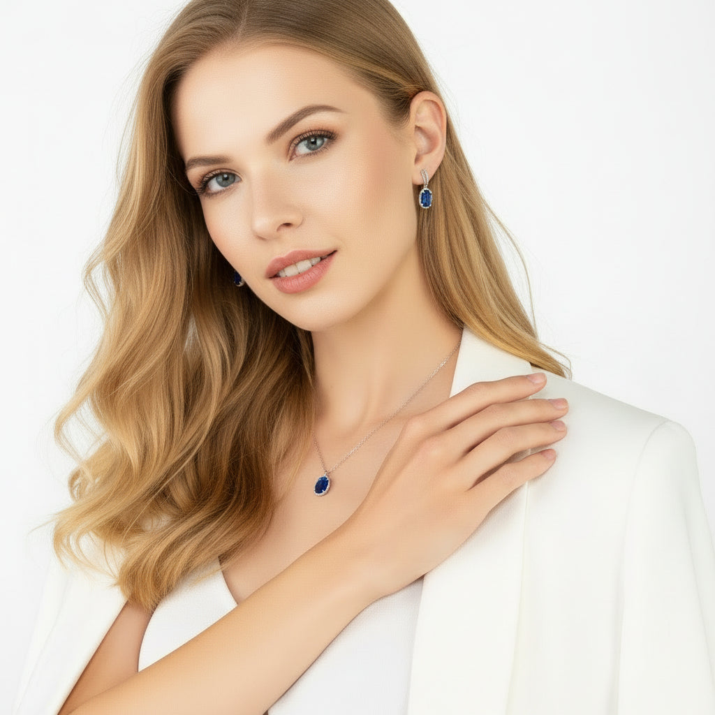 925 Sterling Silver Oval Sapphire Hydro Drop Earrings with Cubic Zirconia Accents