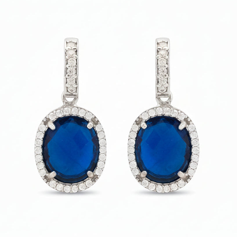 925 Sterling Silver Oval Sapphire Hydro Drop Earrings with Cubic Zirconia Accents