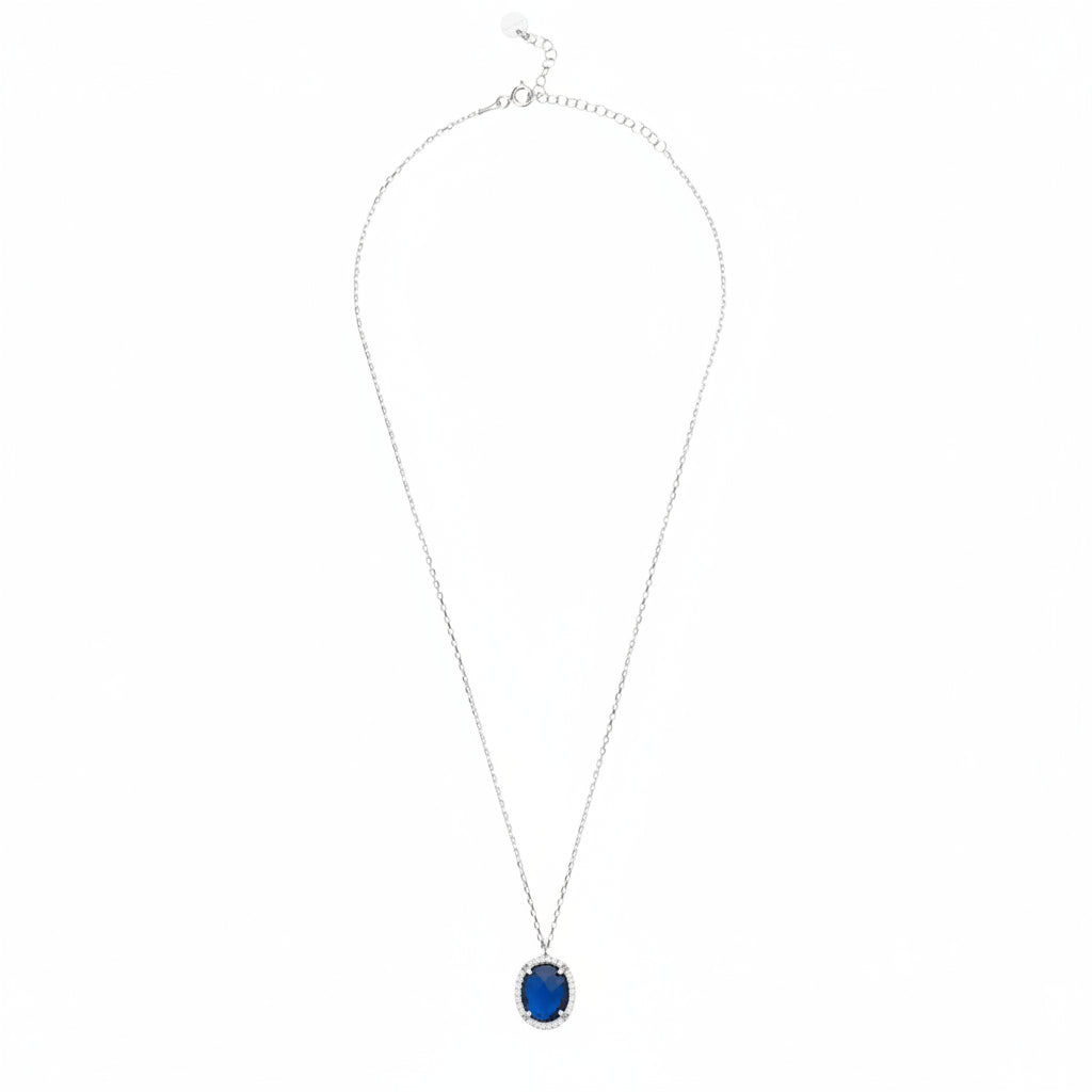 Oval Sapphire Hydro Pendant Necklace with CZ Halo in 925 Sterling Silver