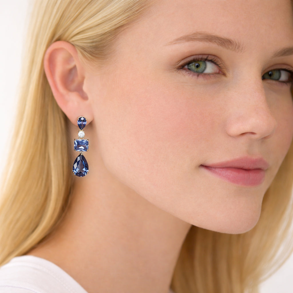 925 Sterling Silver Tanzanite Drop Earrings with Simulated Diamond Accents