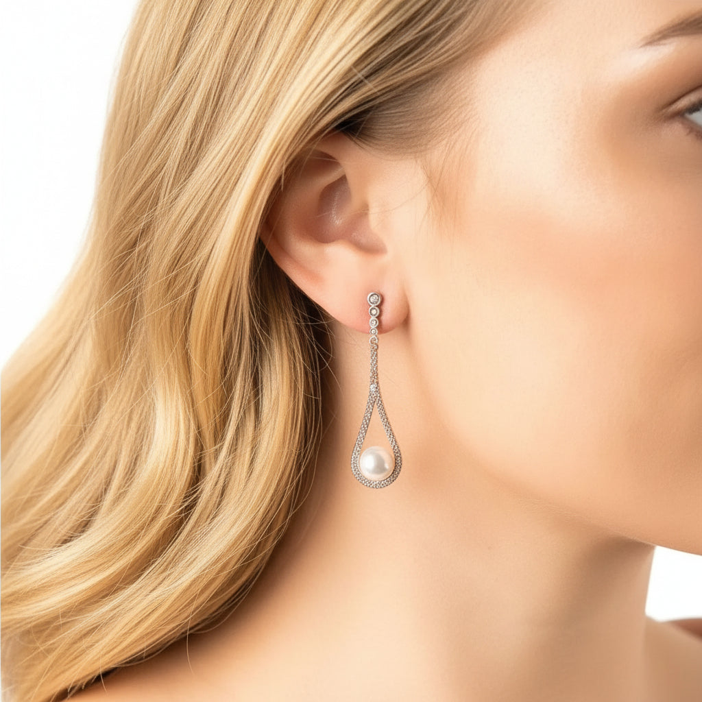 925 Sterling Silver Cradled Pearl Drop Earrings with Cubic Zirconia Accents