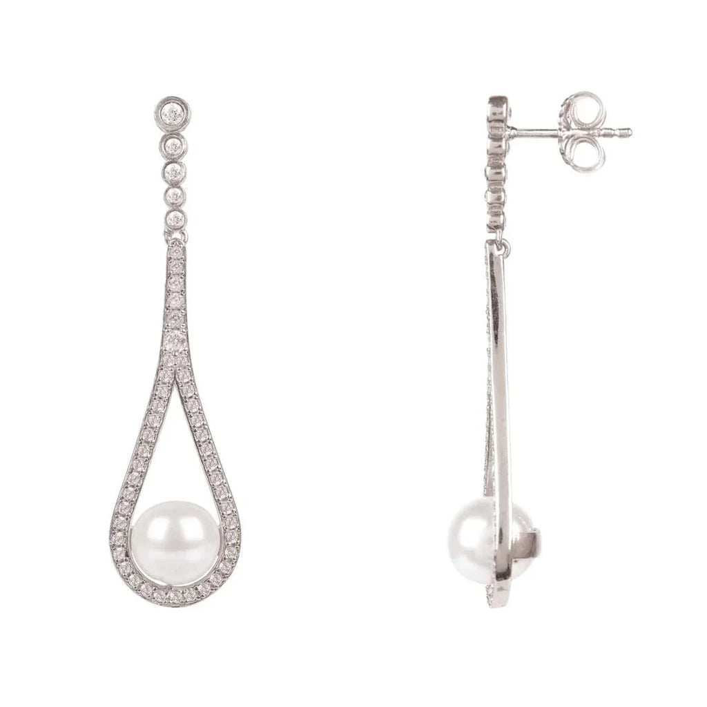 925 Sterling Silver Cradled Pearl Drop Earrings with Cubic Zirconia Accents