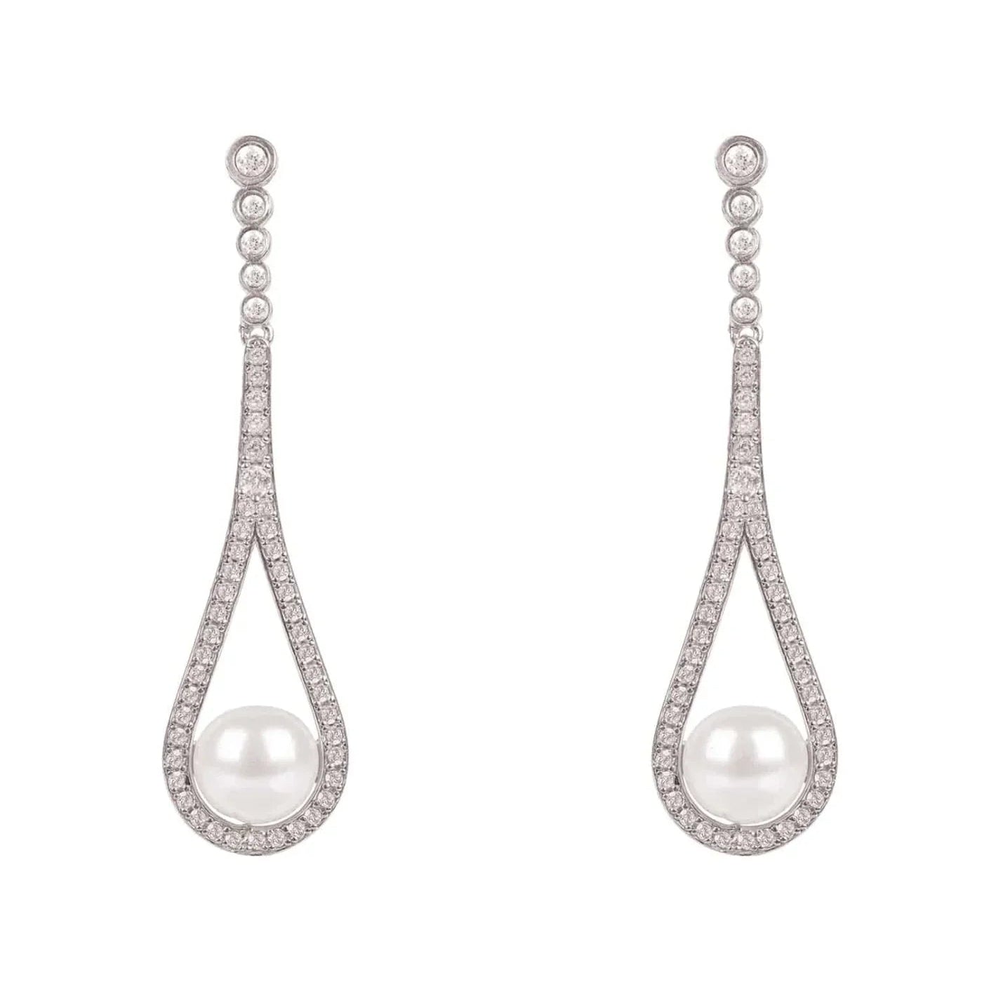 925 Sterling Silver Cradled Pearl Drop Earrings with Cubic Zirconia Accents