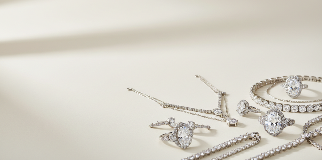 create an image with diamond jewelry in the bottom right hand corner of the image