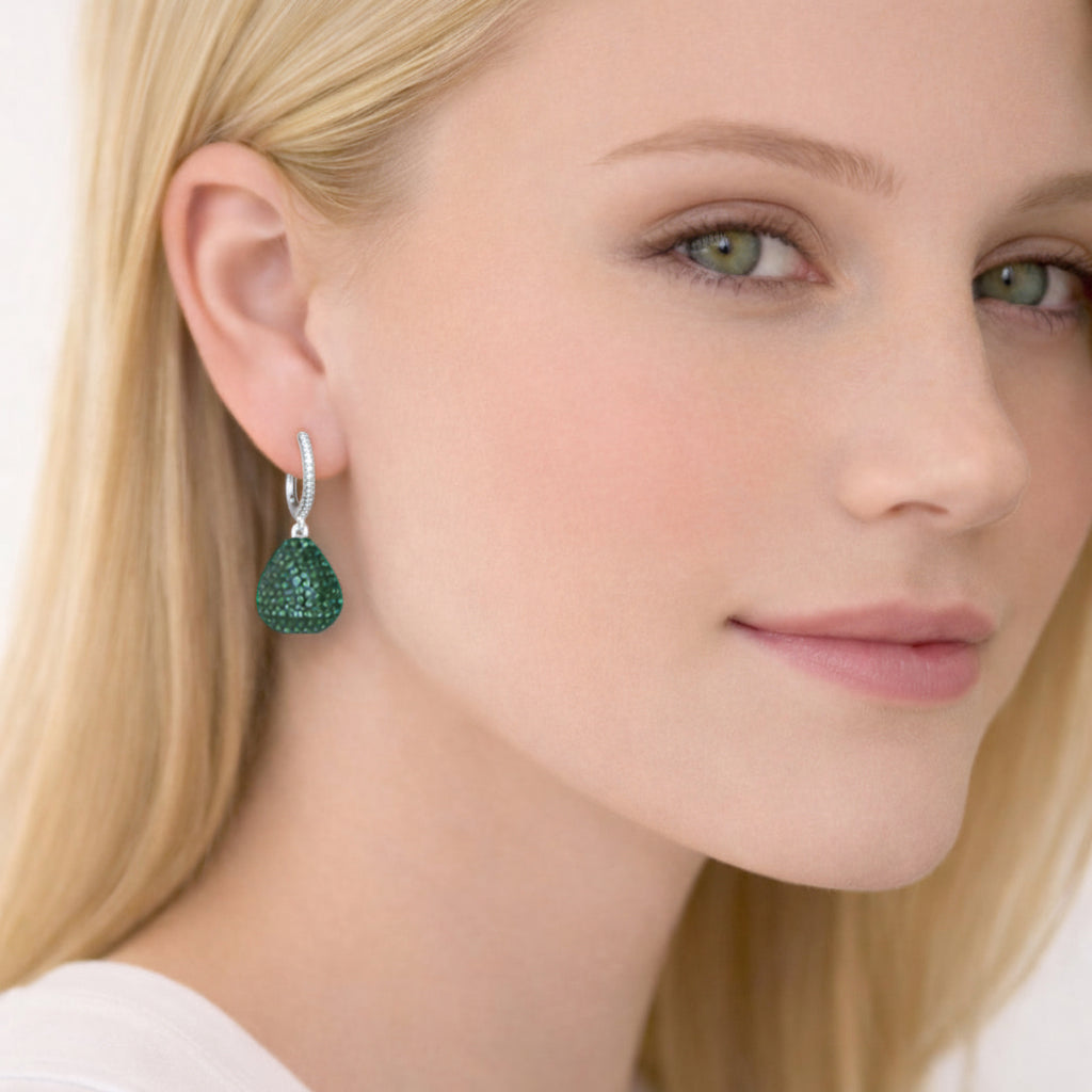 925 Sterling Silver Pear Drop Emerald Green Cubic Zirconia Earrings