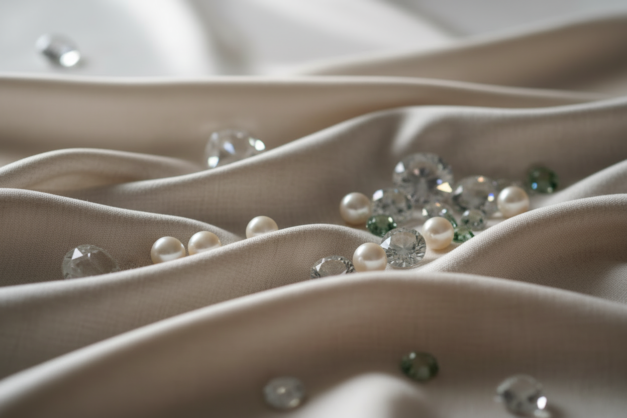 generate a very simple and subtle image with silk and fabric textures with some diamonds, pearls and gemstones in the background