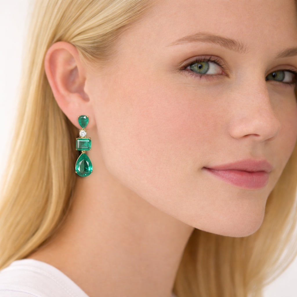 925 Sterling Silver Emerald Green Multi-Stone Drop Earrings with Simulated Diamond Accent – Gold Plated