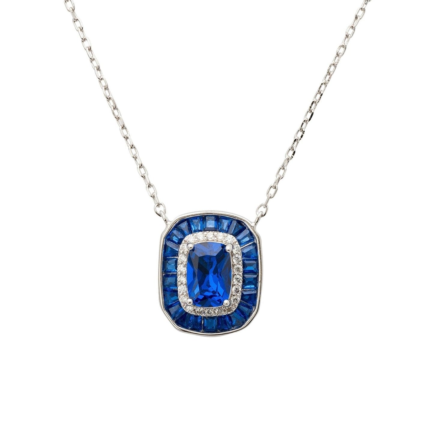 Art Deco Sapphire Pendant Necklace with Zirconia Halo in 925 Sterling Silver