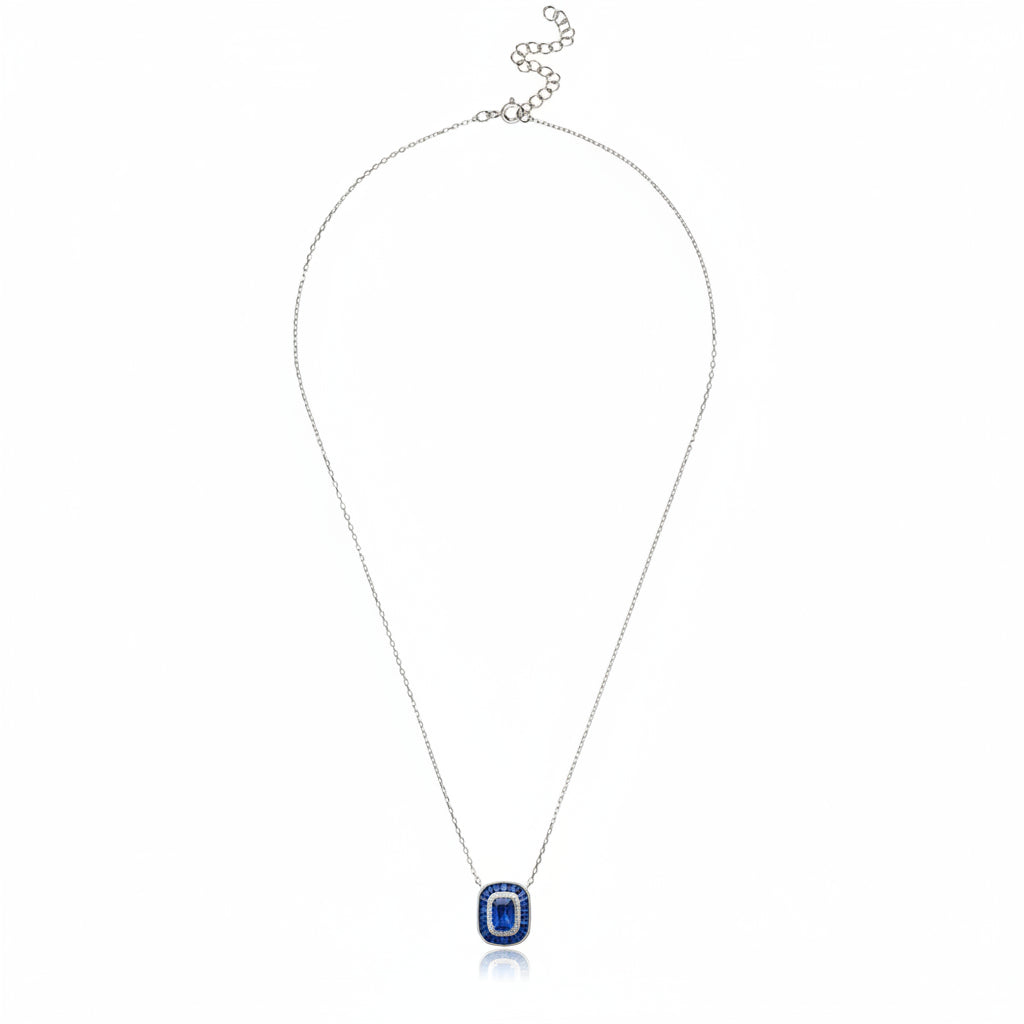 Art Deco Sapphire Pendant Necklace with Zirconia Halo in 925 Sterling Silver