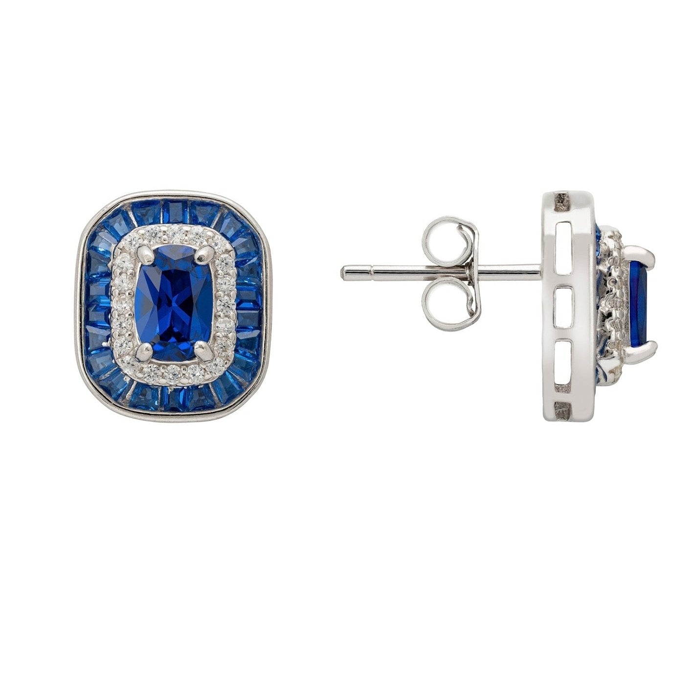 Art Deco Sapphire Stud Earrings in 925 Sterling Silver with Zirconia Halo