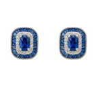 Art Deco Sapphire Stud Earrings in 925 Sterling Silver with Zirconia Halo