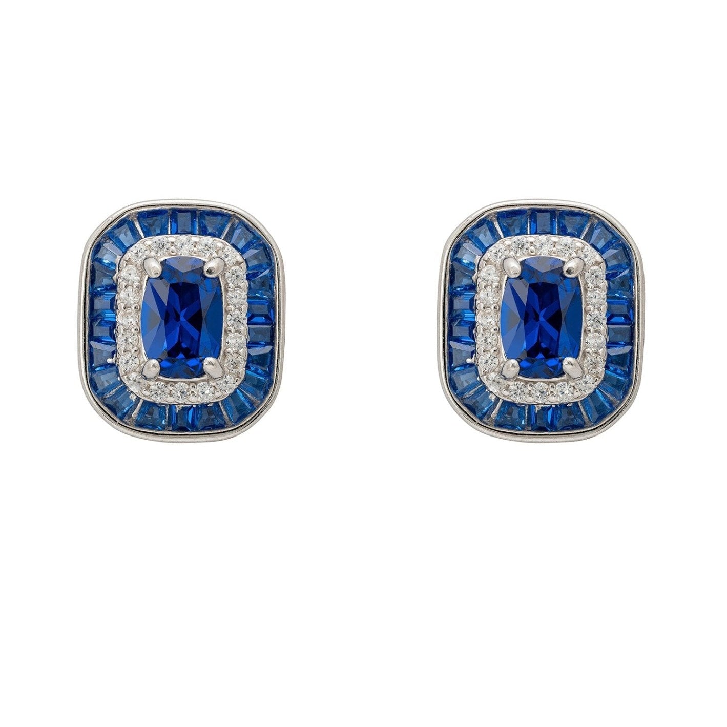 Art Deco Sapphire Stud Earrings in 925 Sterling Silver with Zirconia Halo