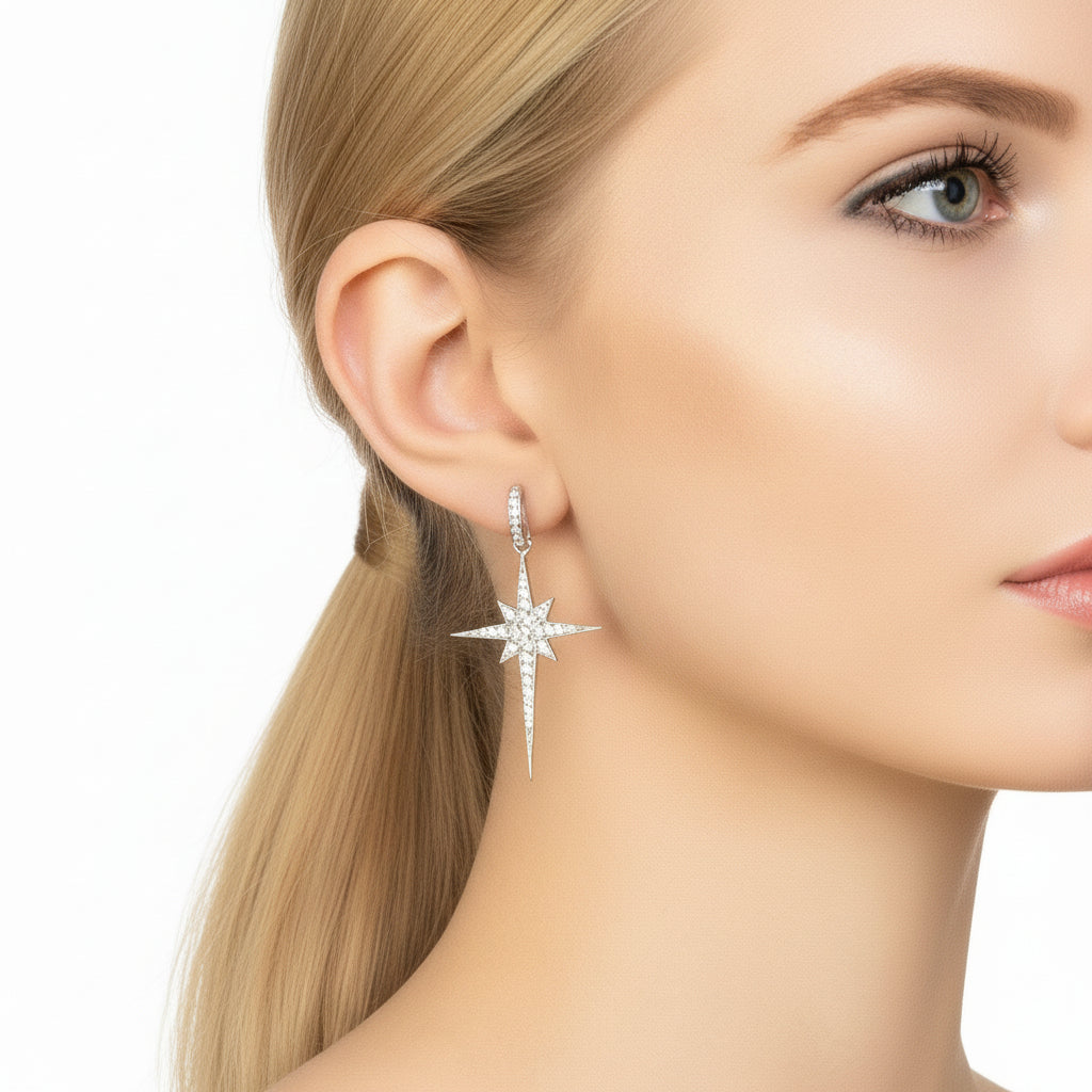 925 Sterling Silver North Star Burst Large Drop Earrings
