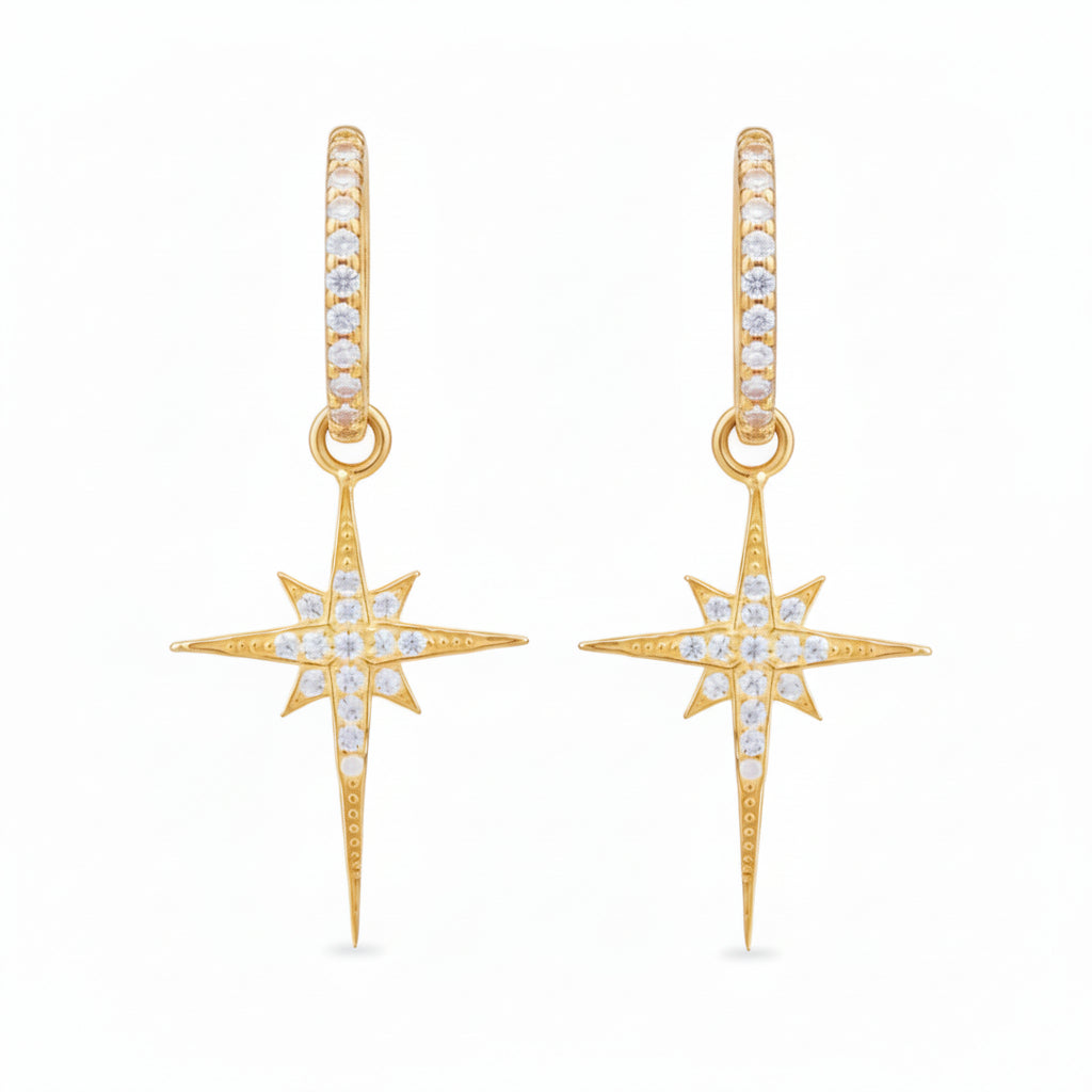 925 Sterling Silver North Star Burst Small Drop Earrings – Gold Plated