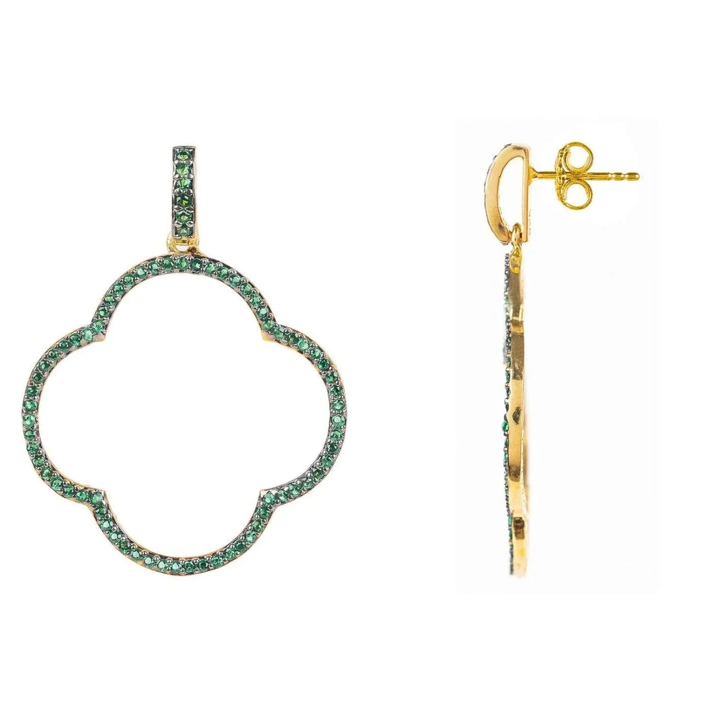 925 Sterling Silver Open Clover Large Drop Earrings with Green Cubic Zirconia – Gold Plated