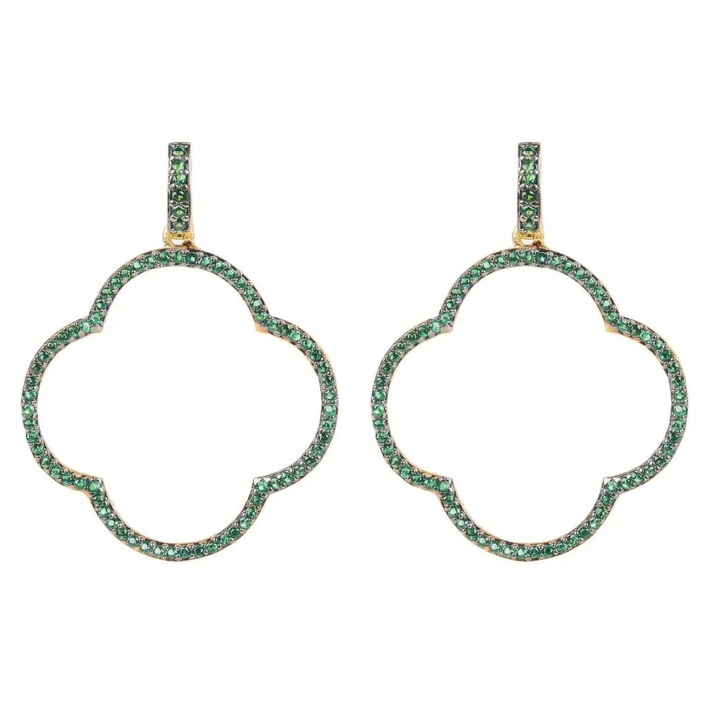 925 Sterling Silver Open Clover Large Drop Earrings with Green Cubic Zirconia – Gold Plated