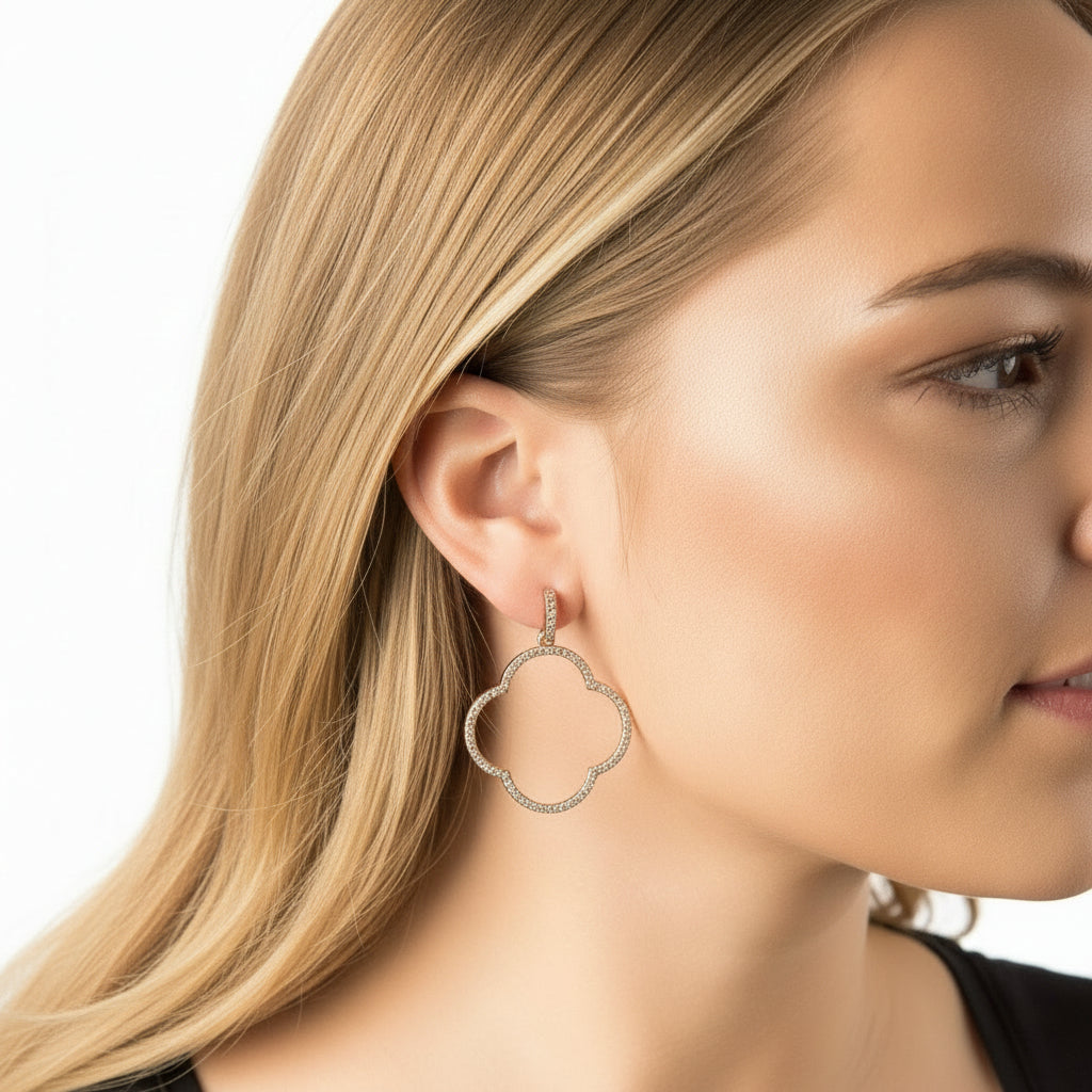 925 Sterling Silver Open Clover Large Drop Earrings with White Cubic Zirconia – Gold Plated