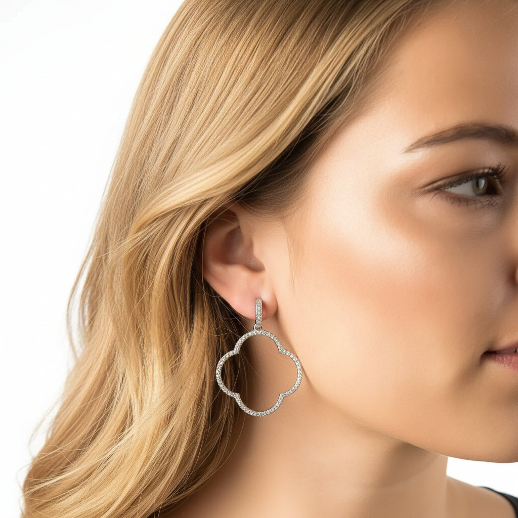 925 Sterling Silver Open Clover Large Drop Earrings with White Cubic Zirconia