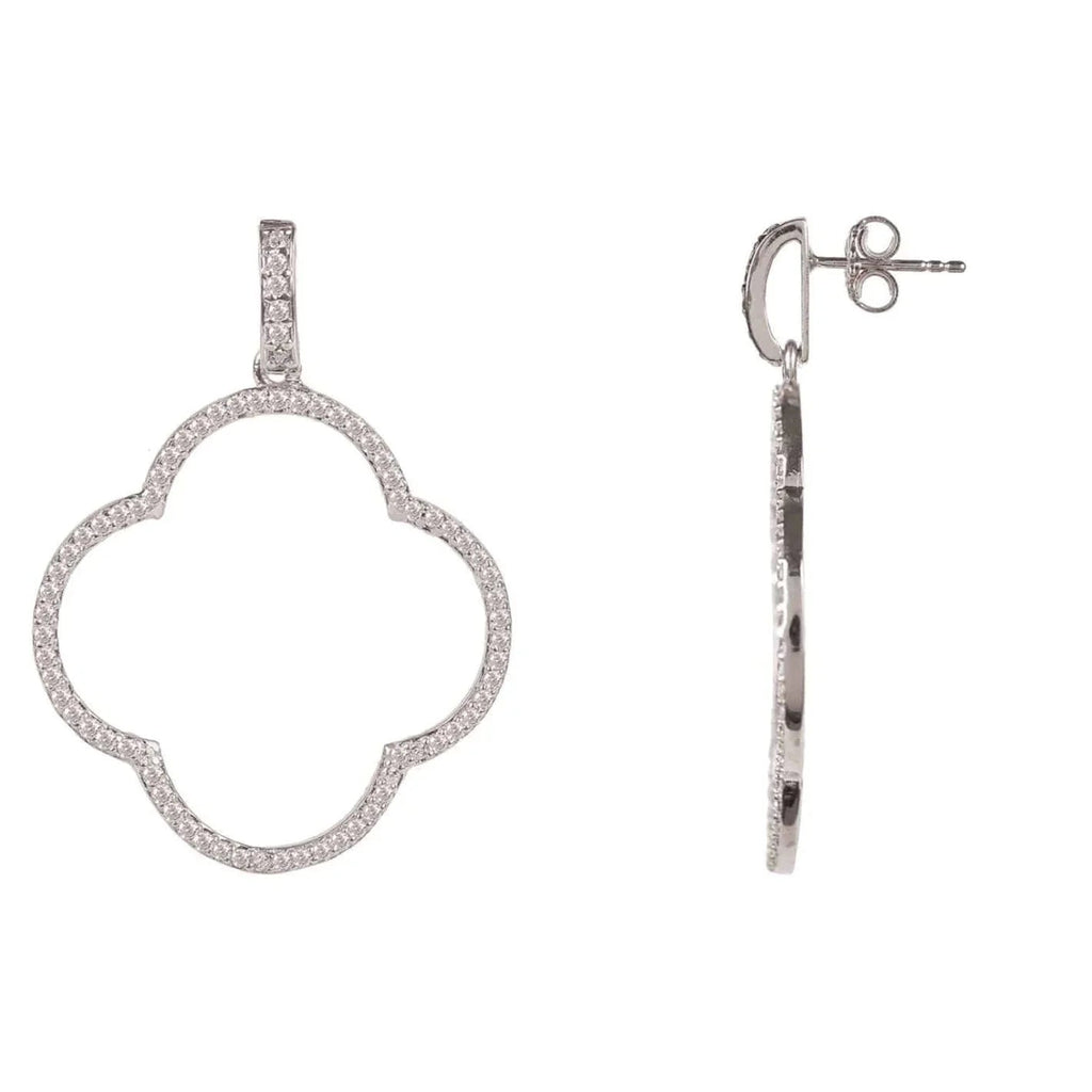 925 Sterling Silver Open Clover Large Drop Earrings with White Cubic Zirconia