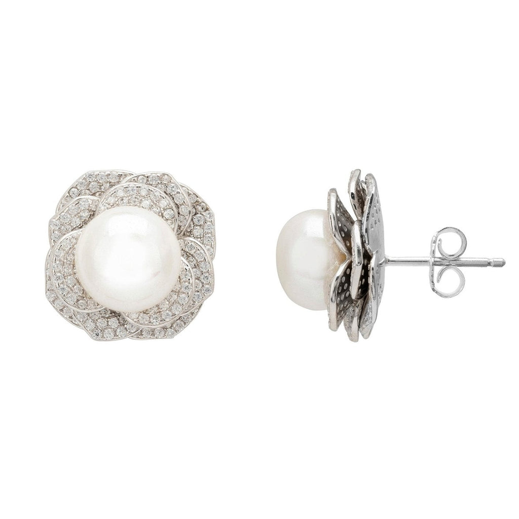 Pearl and Floral Petal Stud Earrings in 925 Sterling Silver with Zirconia Accents