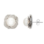 Pearl and Floral Petal Stud Earrings in 925 Sterling Silver with Zirconia Accents
