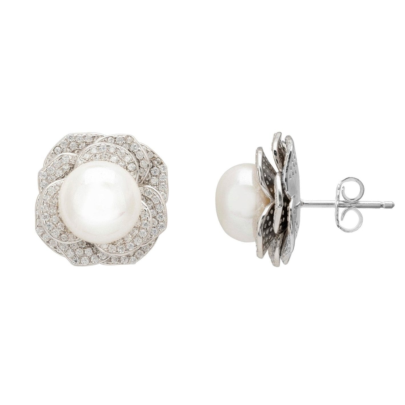 Pearl and Floral Petal Stud Earrings in 925 Sterling Silver with Zirconia Accents