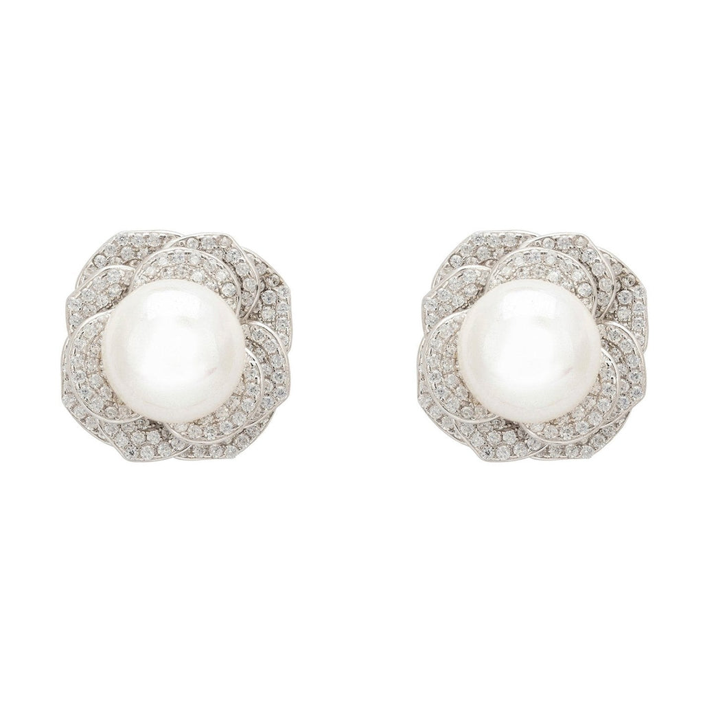 Pearl and Floral Petal Stud Earrings in 925 Sterling Silver with Zirconia Accents