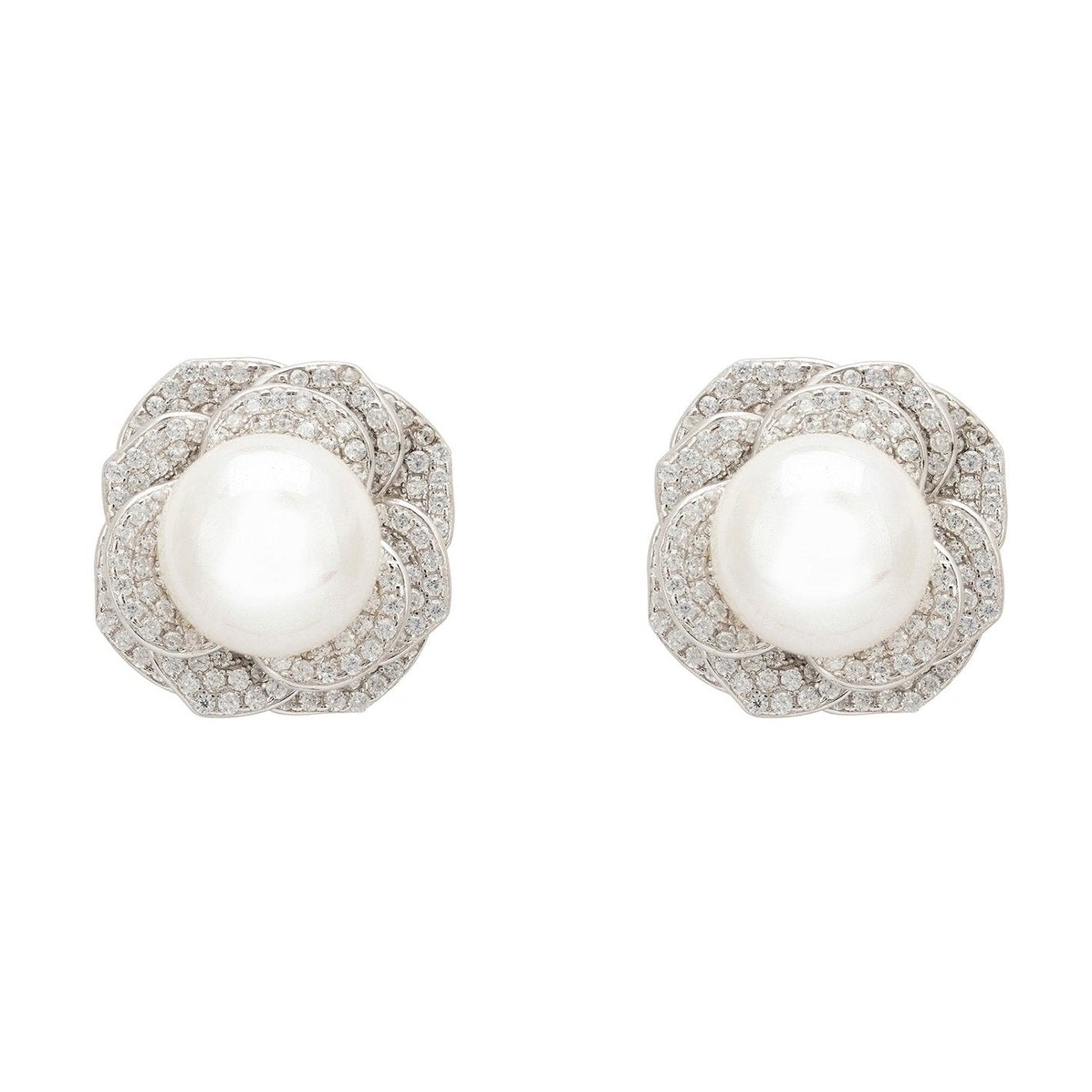 Pearl and Floral Petal Stud Earrings in 925 Sterling Silver with Zirconia Accents