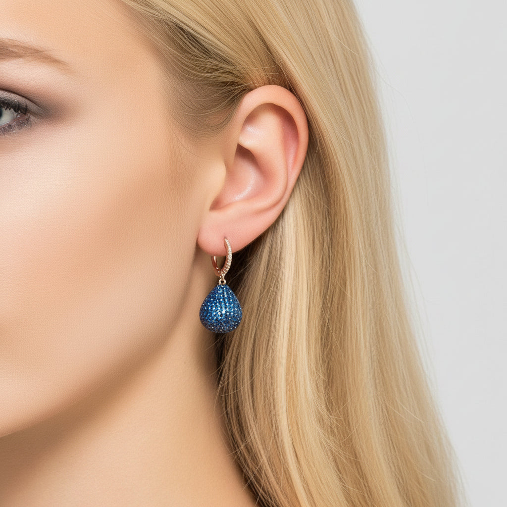 925 Sterling Silver Sapphire Blue Pear Drop Earrings with White Zircon Accents