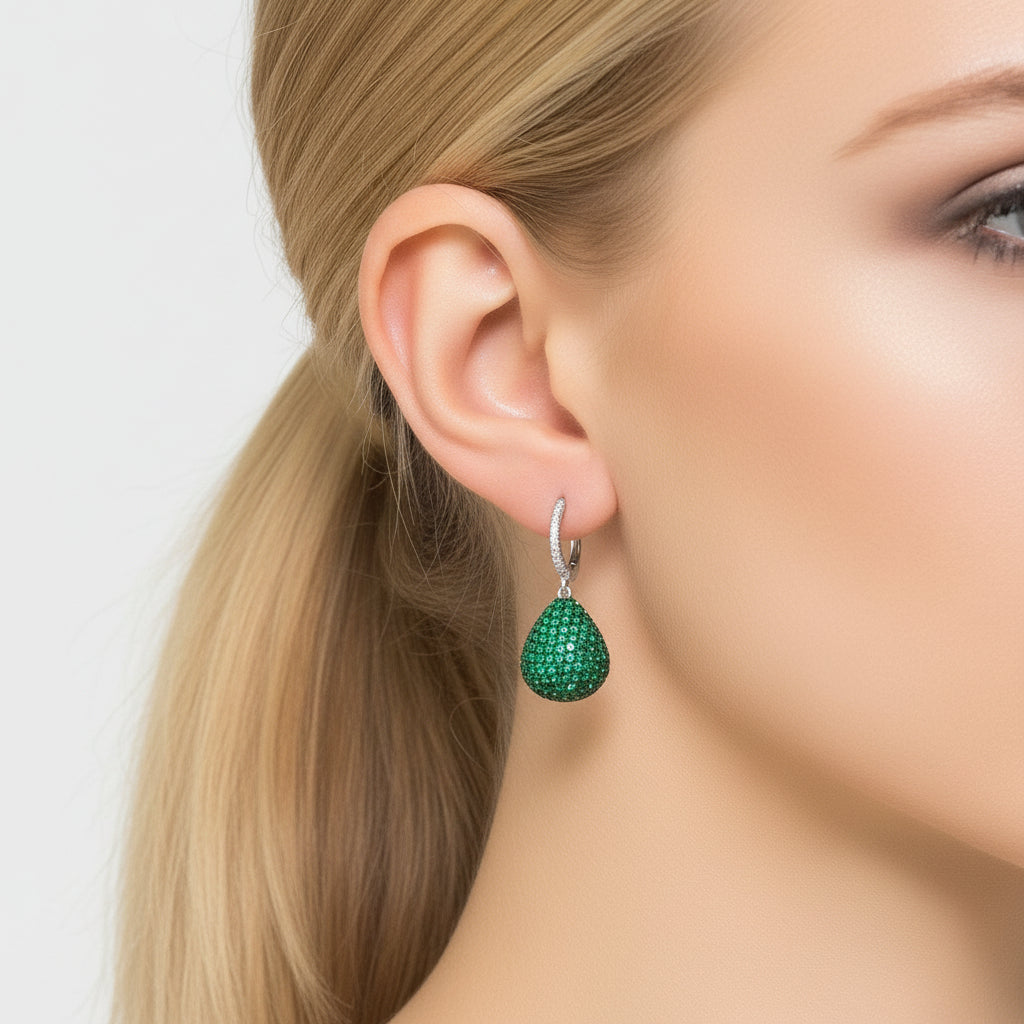 925 Sterling Silver Pear Drop Emerald Green Cubic Zirconia Earrings